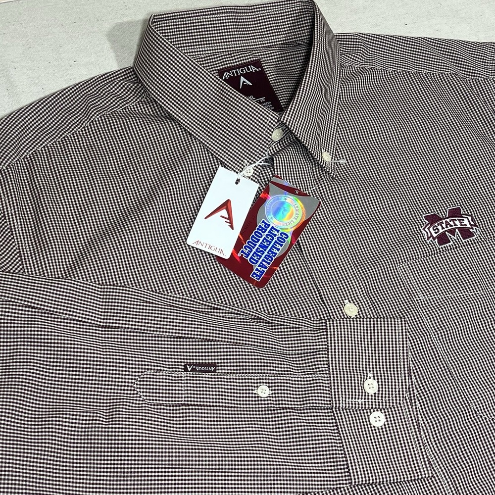 NWT Antigua Mississippi State Bulldogs Mens M Maroon Check ButtonDown Shirt NCAA